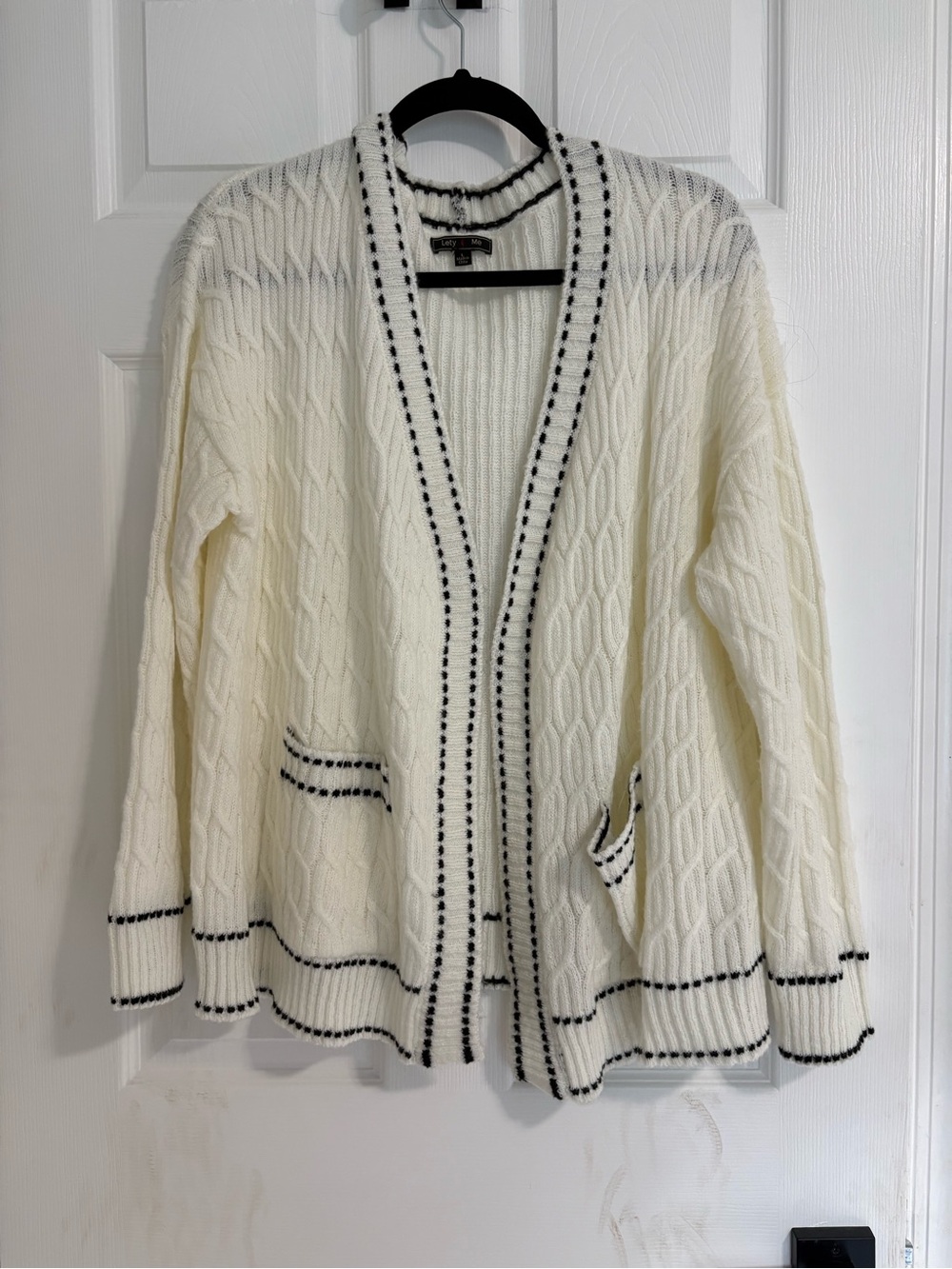 Cream Cable-Knit Open Cardigan with Black Trim